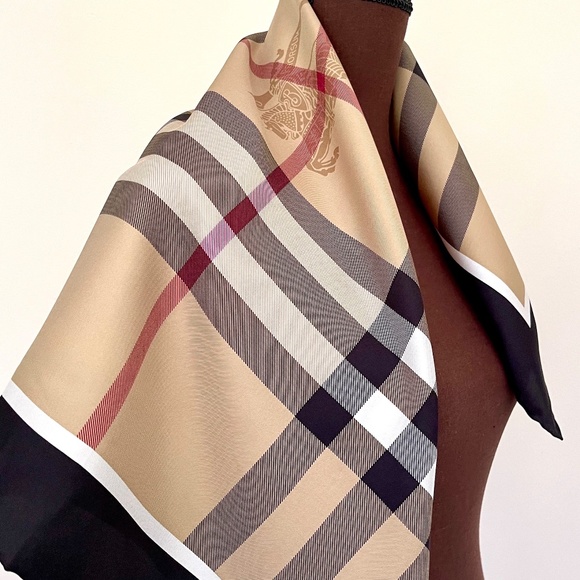 Display New Burberry Scarf Classic Check Black Border Silk Wrap with DEFECT - Picture 1 of 12